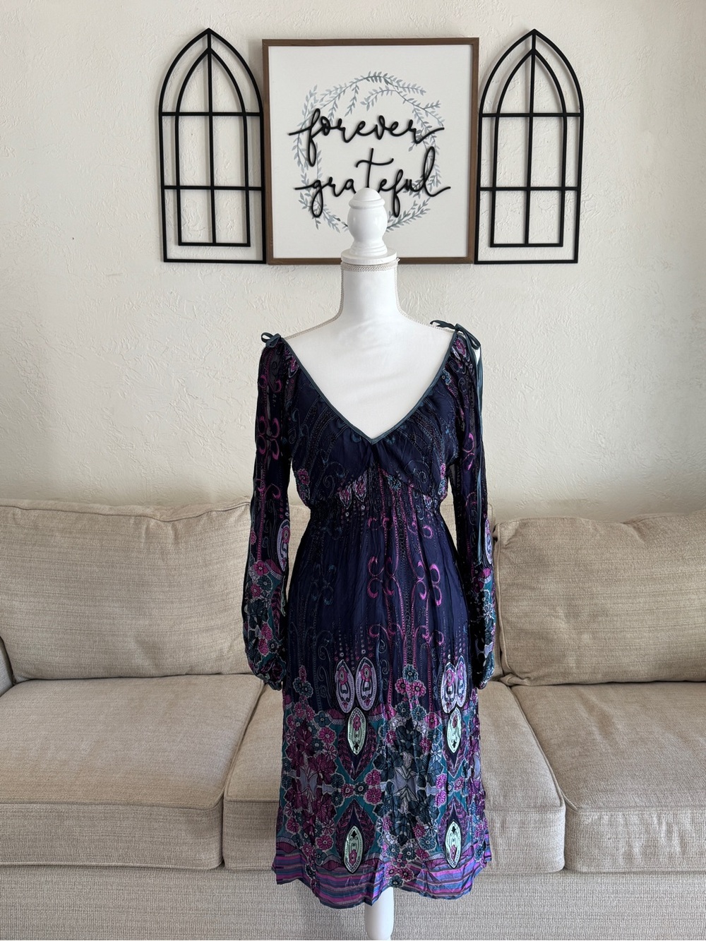 Hale Bob Silk Blend Y2K Fairy Midi Dress Size S Purple Paisley Sheer Sleeve Tie